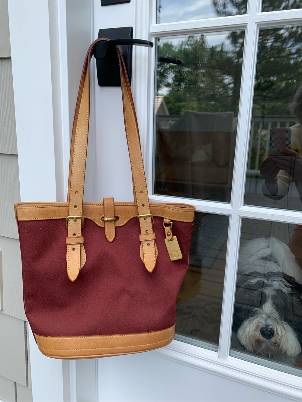 Dooney & Bourke Burgundy Cabriolet Canvas Tote with Tan Leather Trim